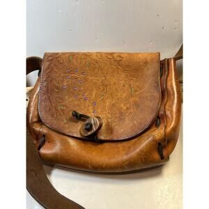 Vintage Hand Tooled Leather Shoulder Bag With Floral Design & Button Closure